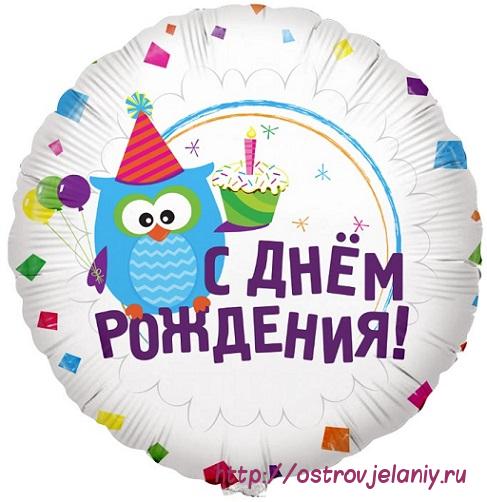 Воздушный шар (18&#039;&#039;/46 см) Круг, С Днем рождения (Сова), на русском языке