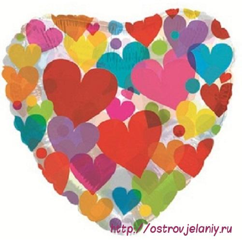 Воздушный шар (18&#039;&#039;/46 см) Сердце, Сердце с разноцветными сердечками, Прозрачный